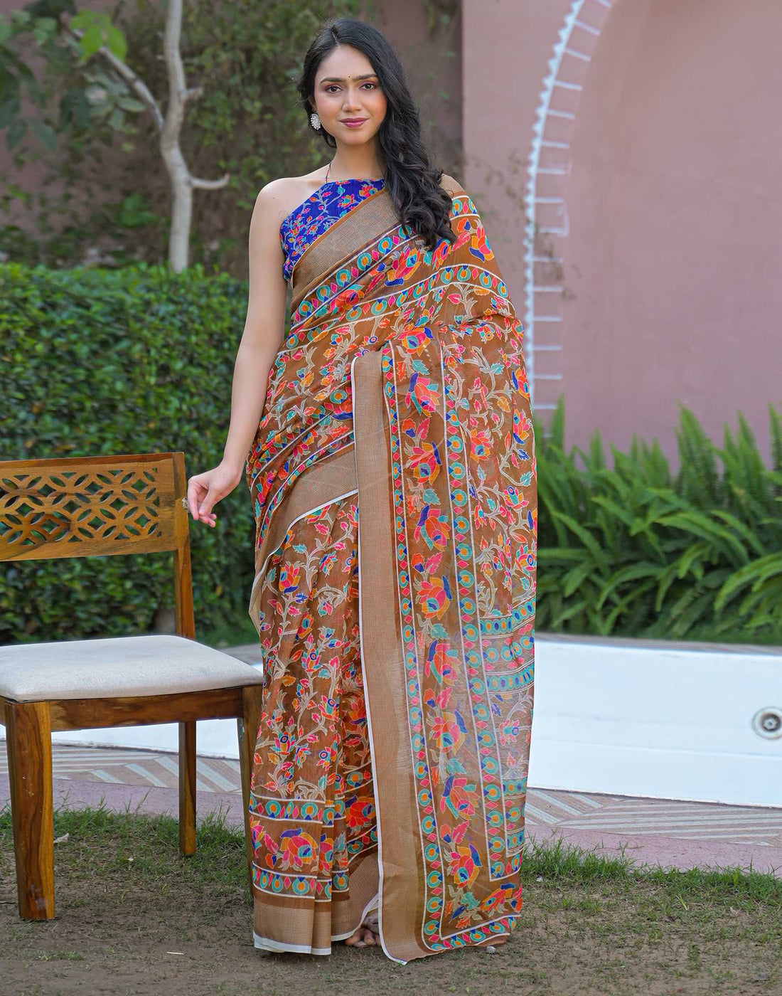 Brown Linen Printed Saree