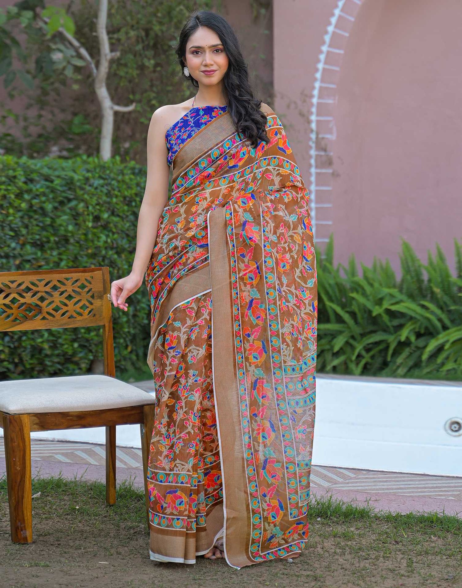 Brown Linen Printed Saree