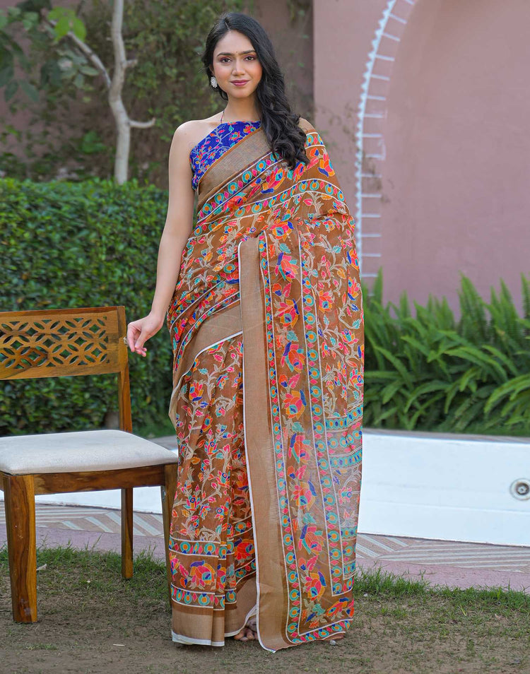 Brown Linen Printed Saree