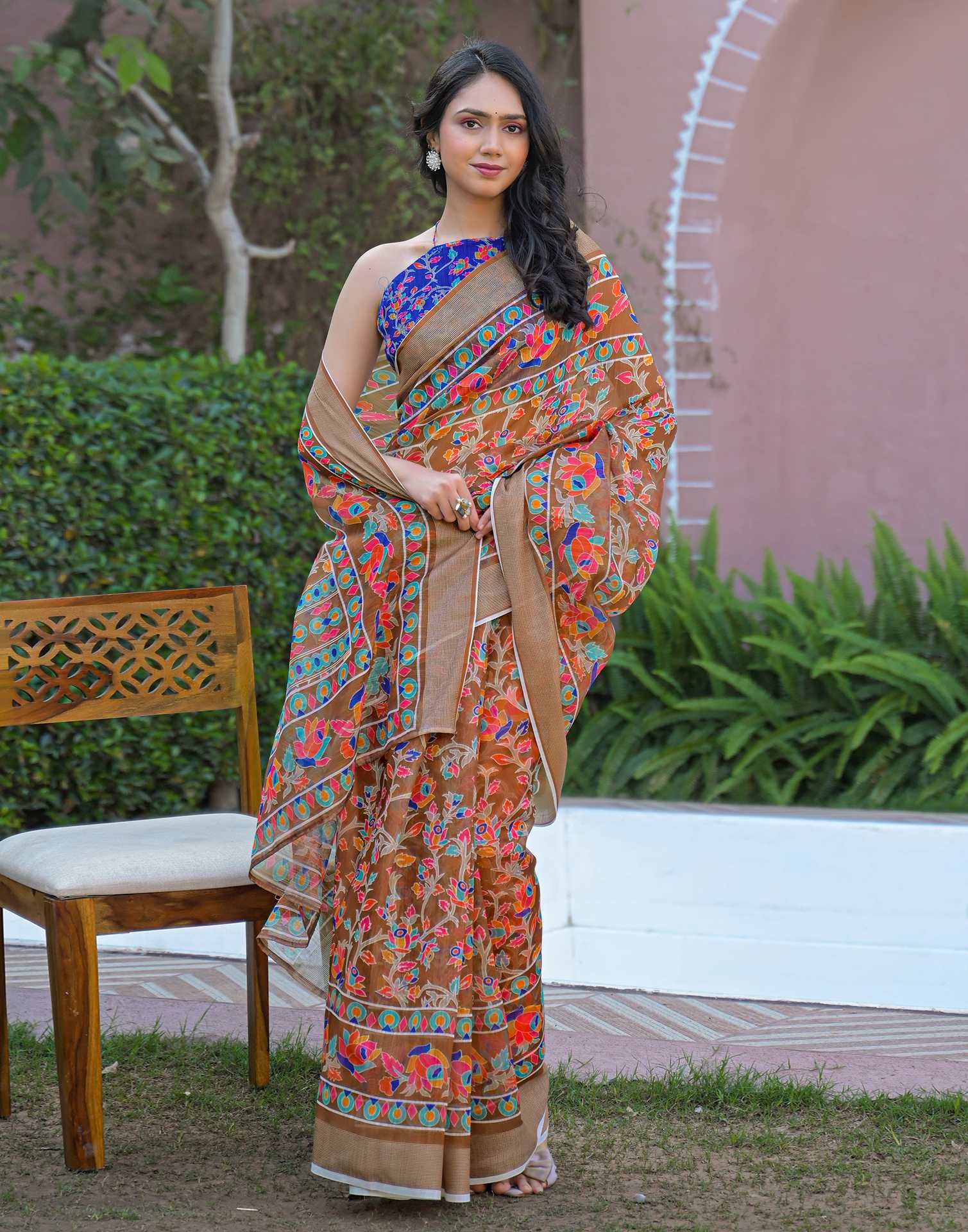 Brown Linen Printed Saree