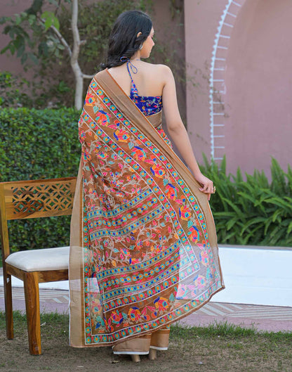 Brown Linen Printed Saree