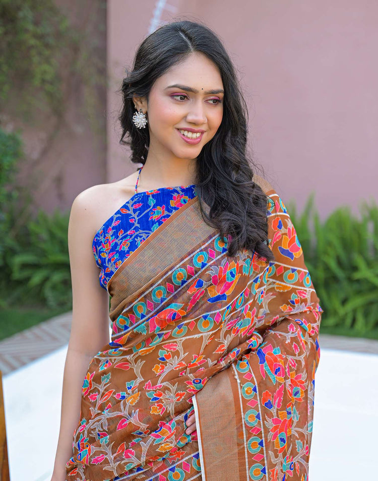 Brown Linen Printed Saree