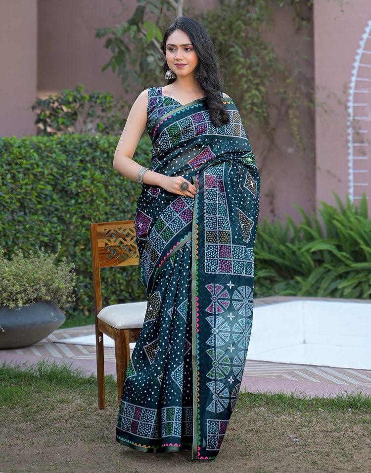 Rama Blue Chanderi Bandhani Printed Saree