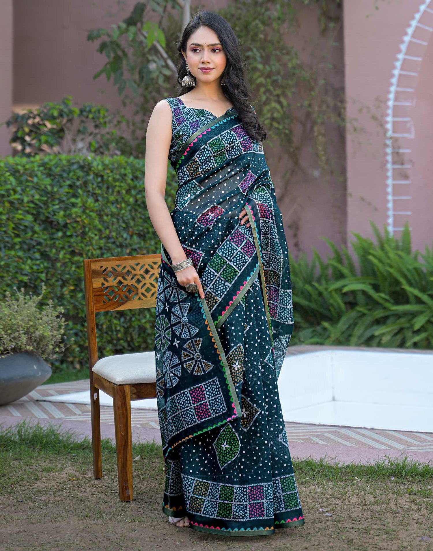 Rama Blue Chanderi Bandhani Printed Saree