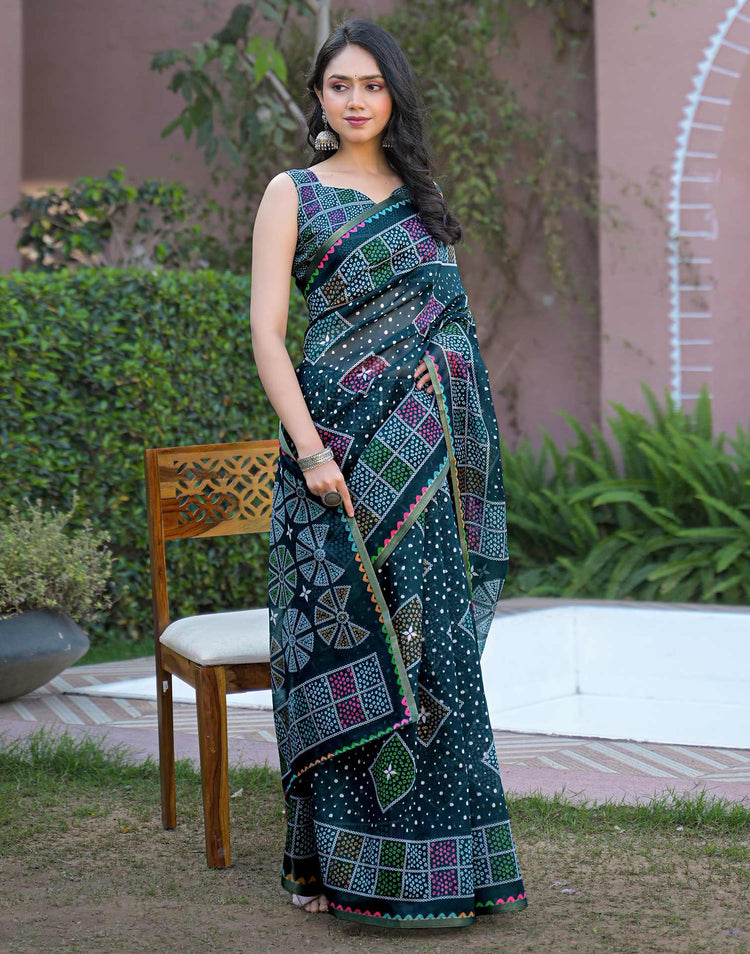 Rama Blue Chanderi Bandhani Printed Saree