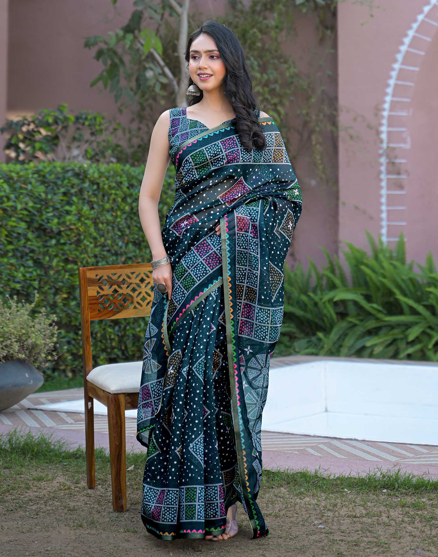 Rama Blue Chanderi Bandhani Printed Saree