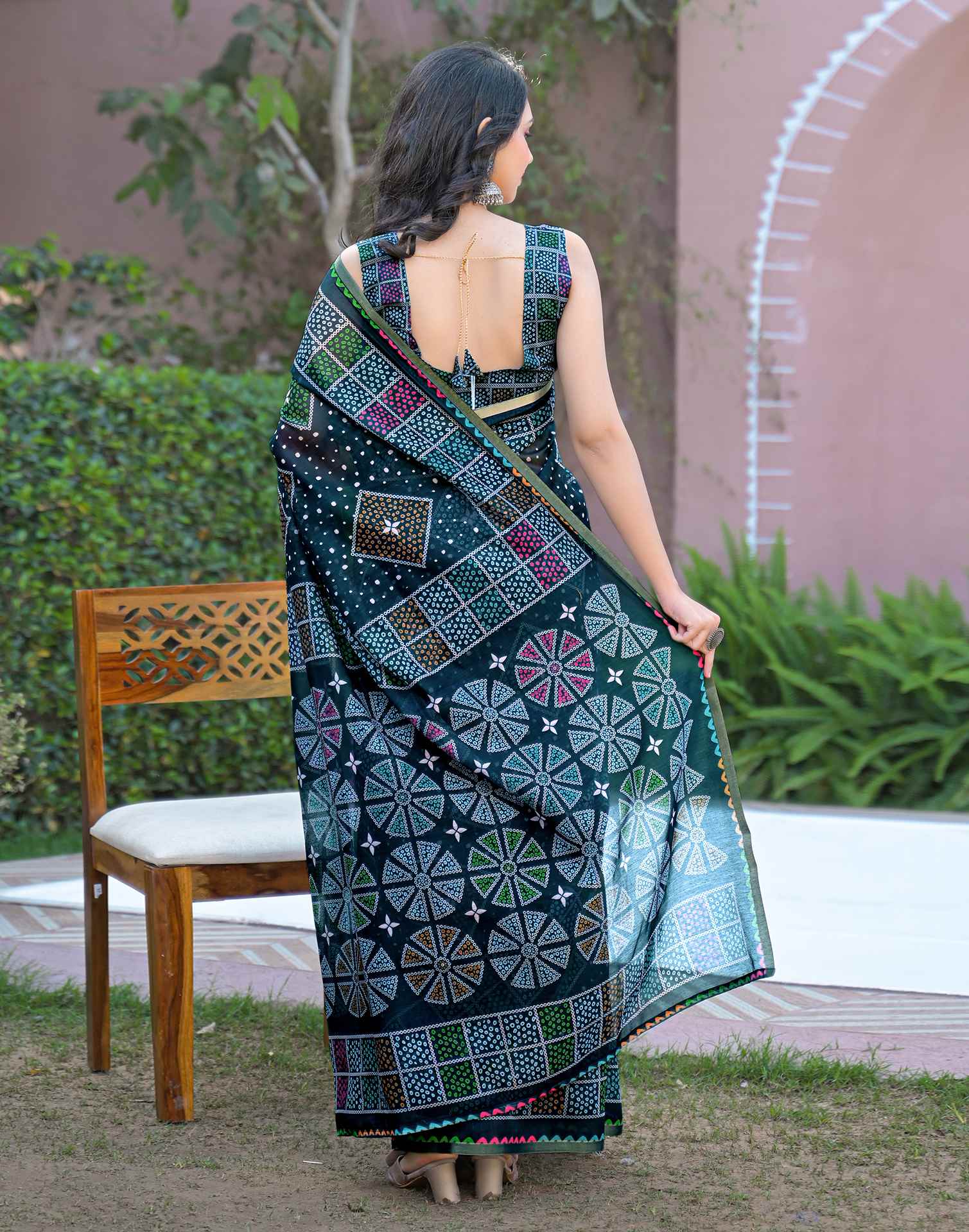 Rama Blue Chanderi Bandhani Printed Saree