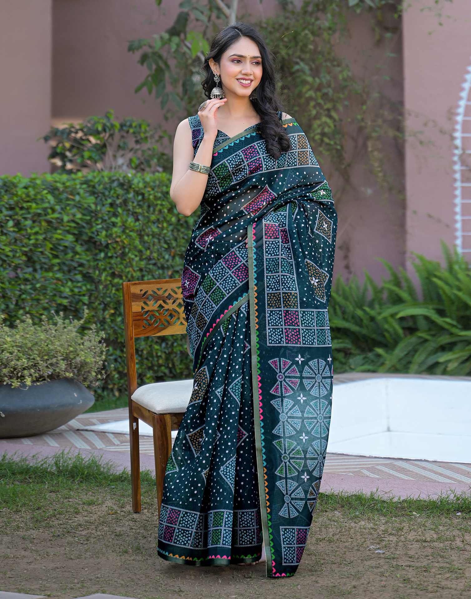 Rama Blue Chanderi Bandhani Printed Saree