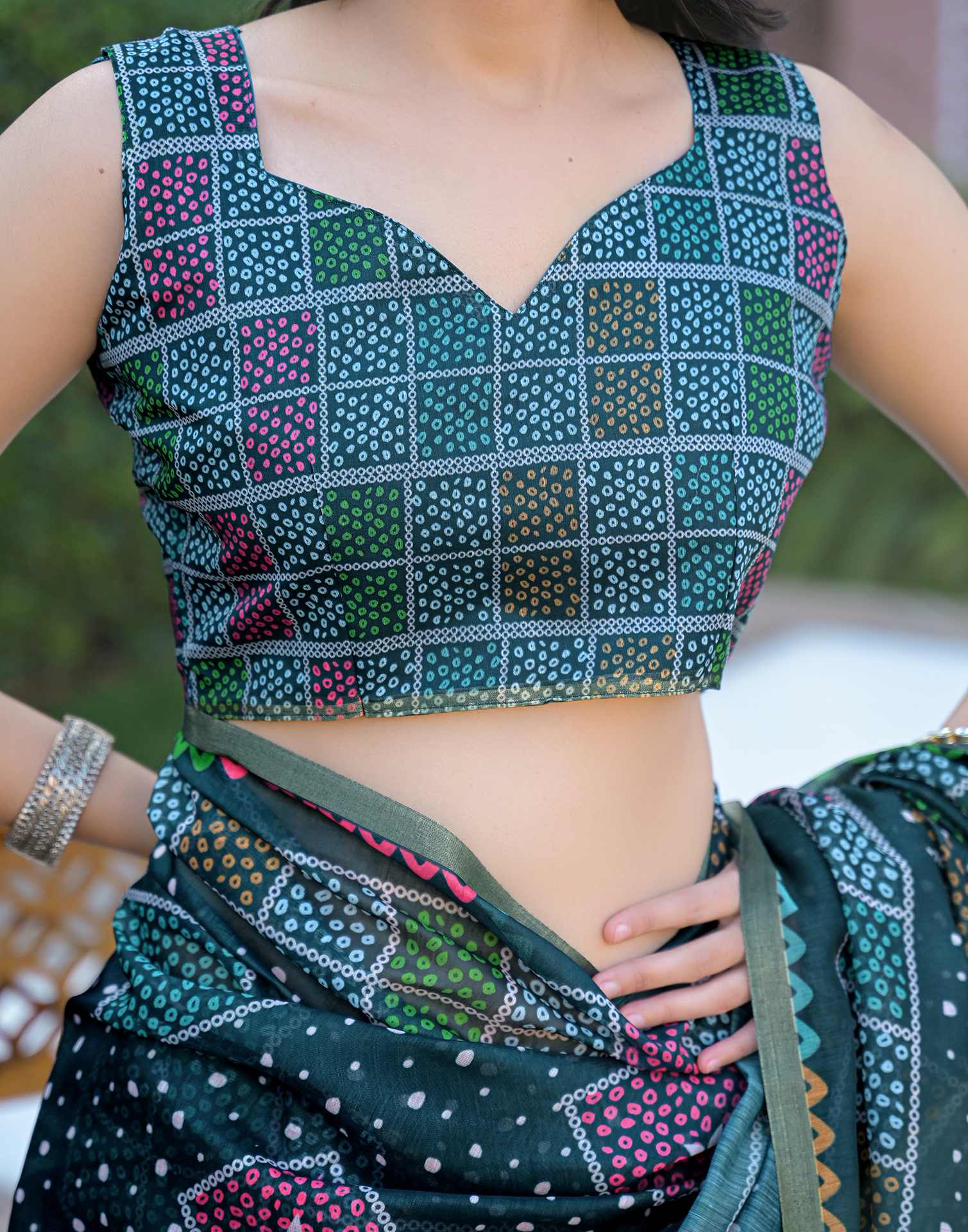 Rama Blue Chanderi Bandhani Printed Saree