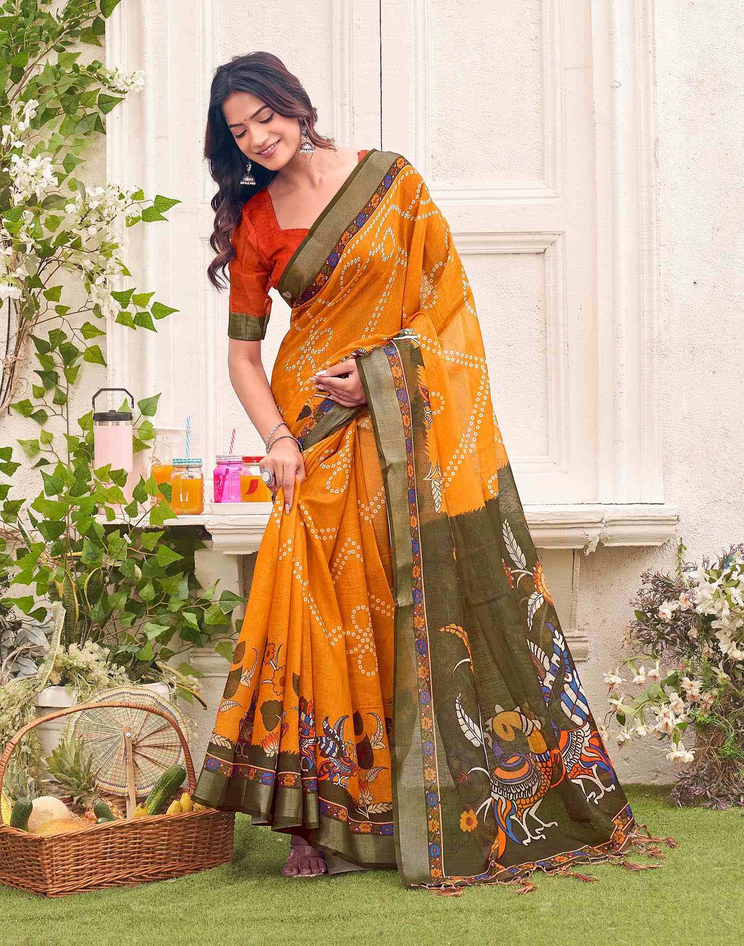 Orange Linen Bandhani Printed Saree 