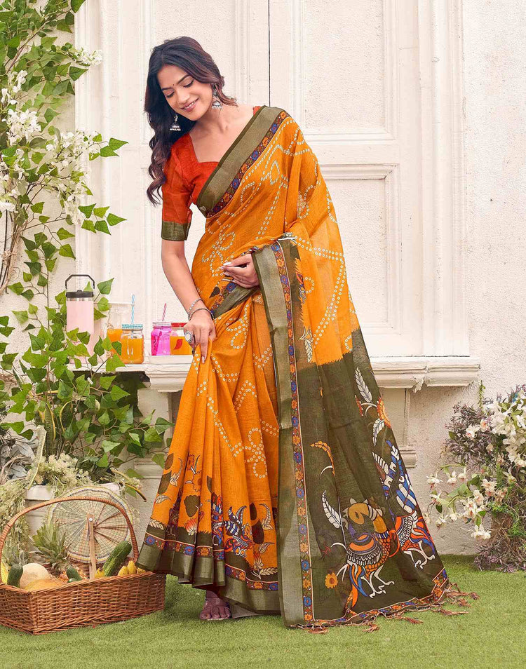 Orange Linen Bandhani Printed Saree 