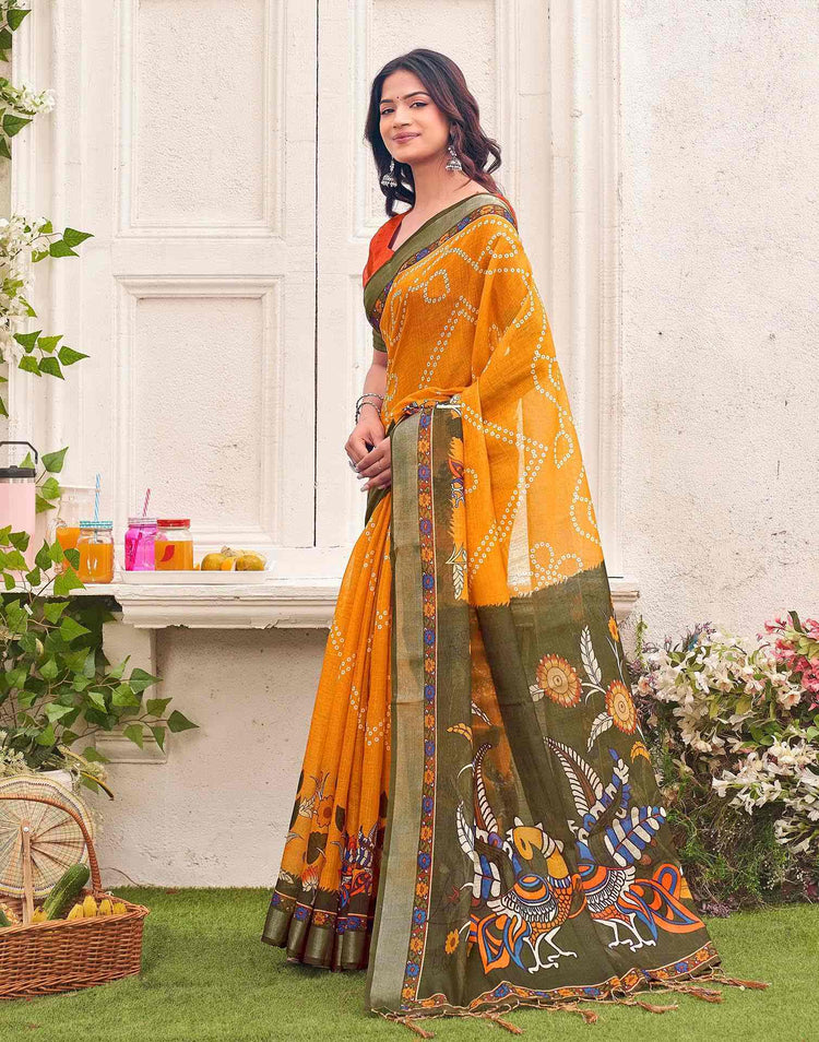 Orange Linen Bandhani Printed Saree 
