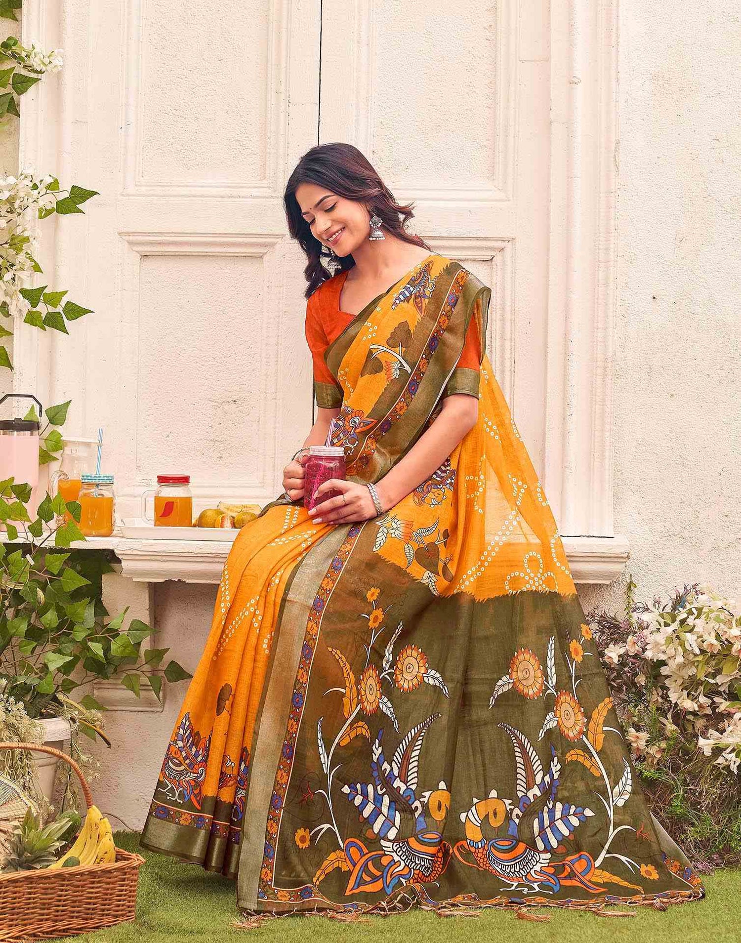 Orange Linen Bandhani Printed Saree 