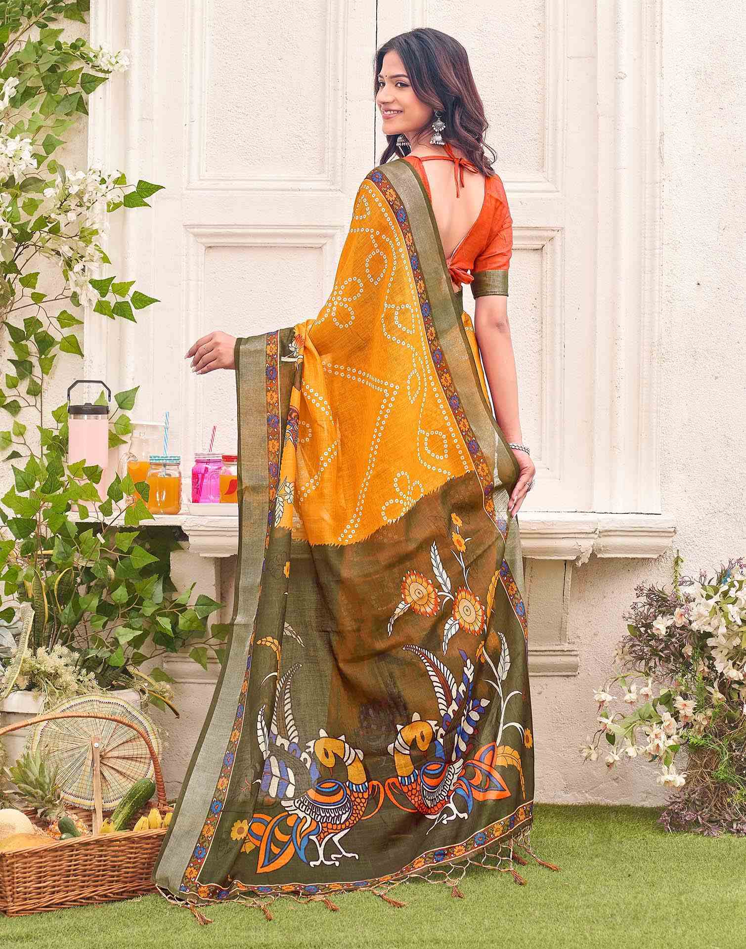 Orange Linen Bandhani Printed Saree 