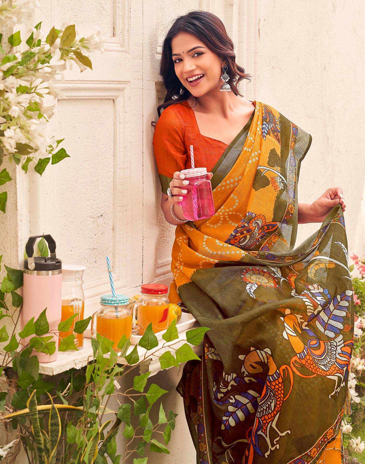 Orange Linen Bandhani Printed Saree 
