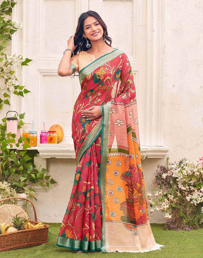 Red Linen Printed Kalamkari Saree 