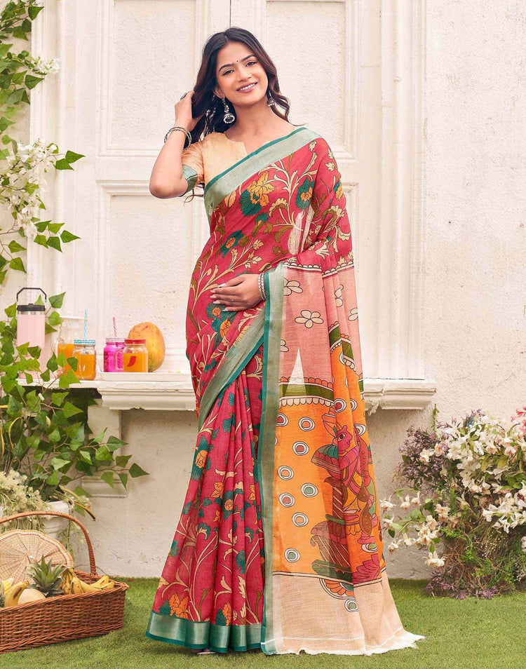 Red Linen Printed Kalamkari Saree 