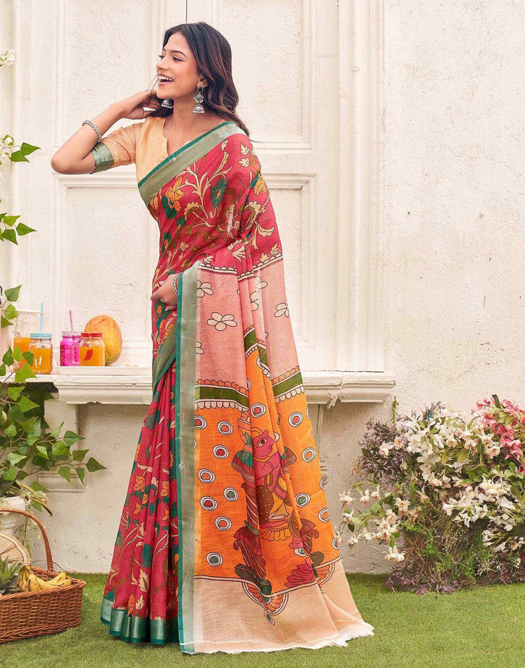 Red Linen Printed Kalamkari Saree 