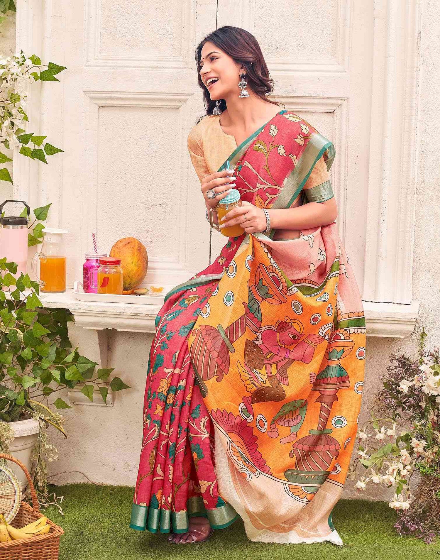 Red Linen Printed Kalamkari Saree 