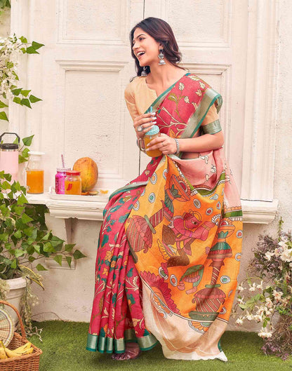 Red Linen Printed Kalamkari Saree 