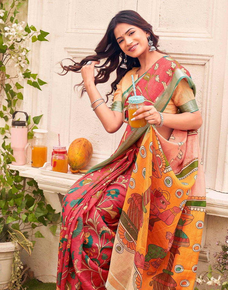 Red Linen Printed Kalamkari Saree 