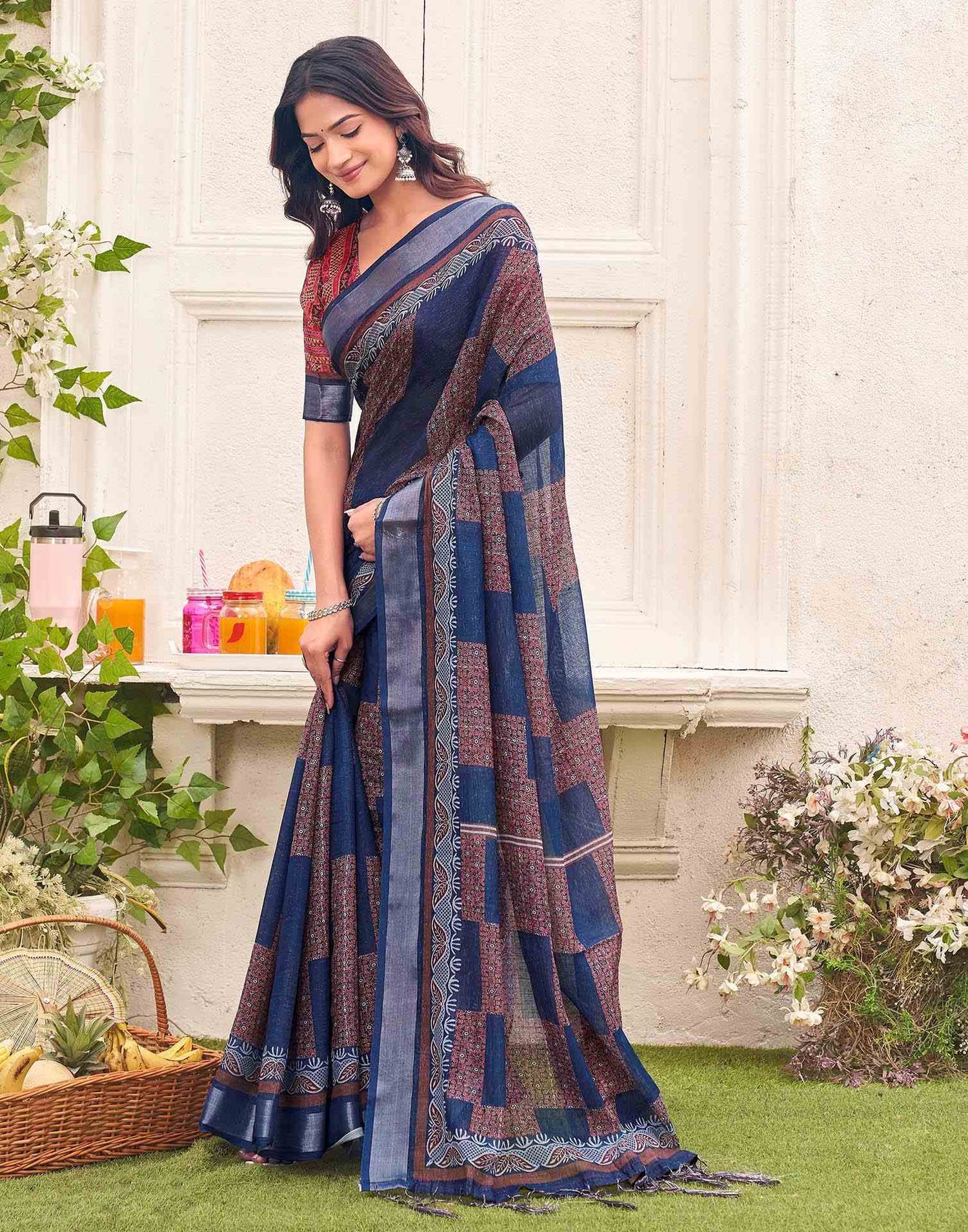 Navy Blue Linen Printed Saree 