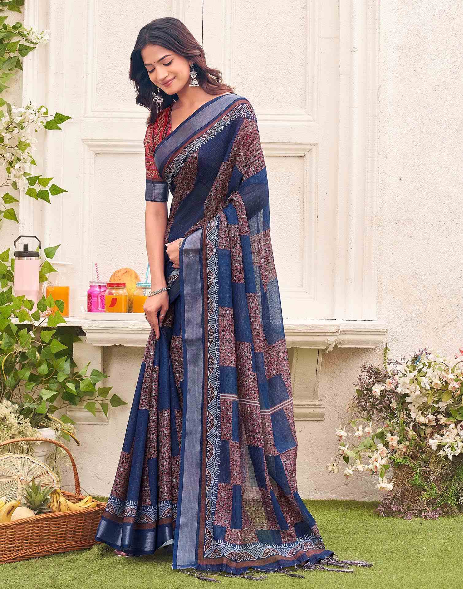 Navy Blue Linen Printed Saree 
