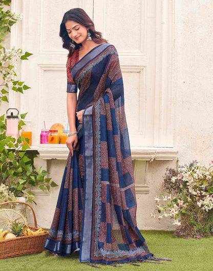 Navy Blue Linen Printed Saree 