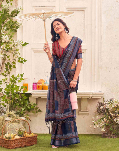 Navy Blue Linen Printed Saree 
