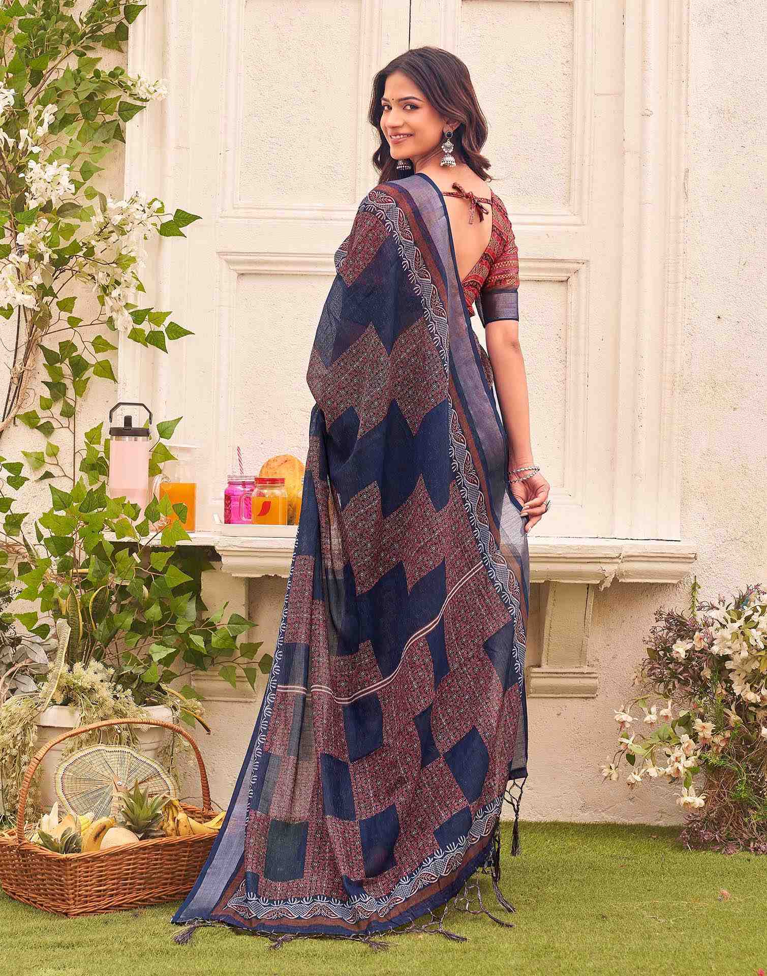 Navy Blue Linen Printed Saree 