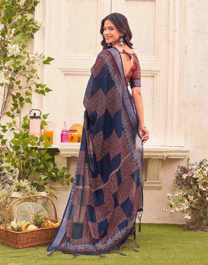Navy Blue Linen Printed Saree 