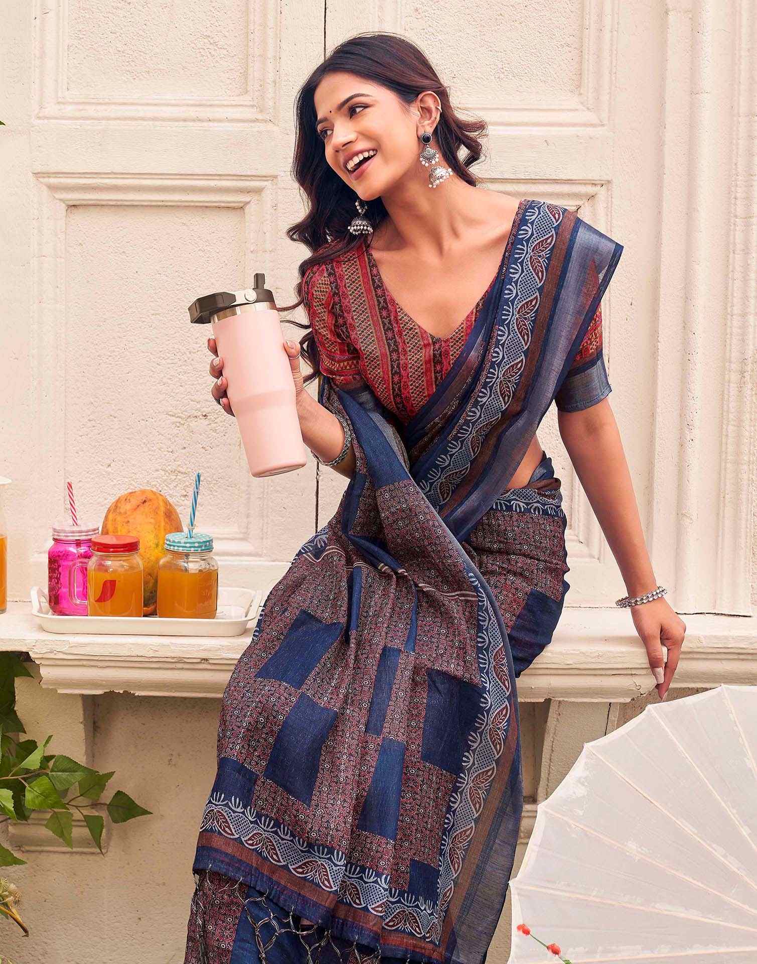 Navy Blue Linen Printed Saree 