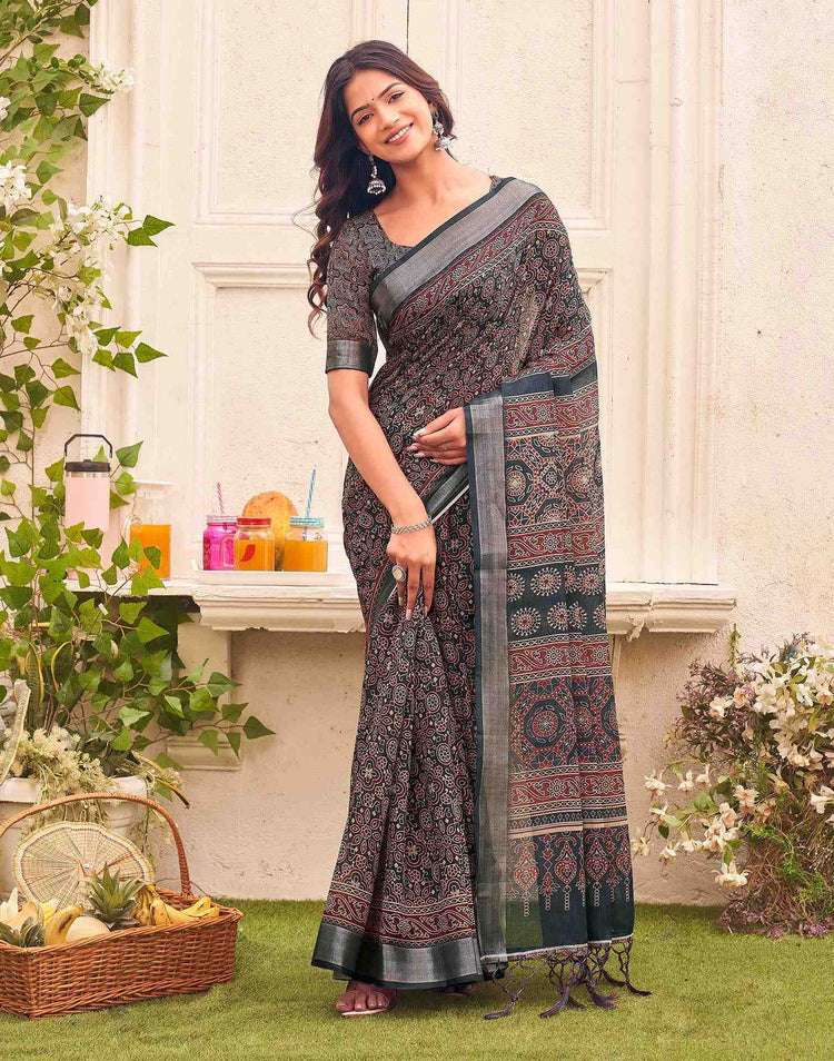 Dark Grey Linen Printed Saree 