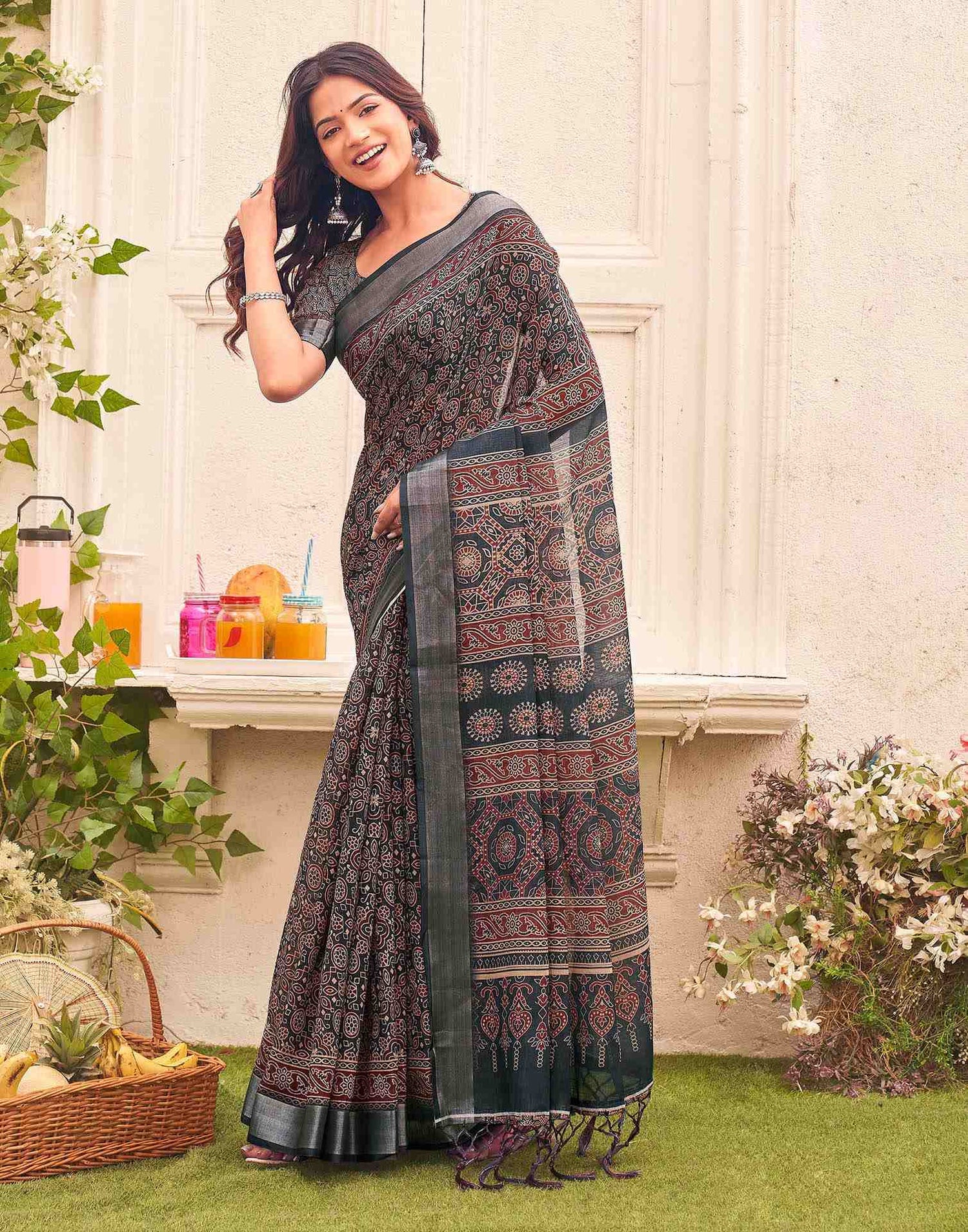 Dark Grey Linen Printed Saree 