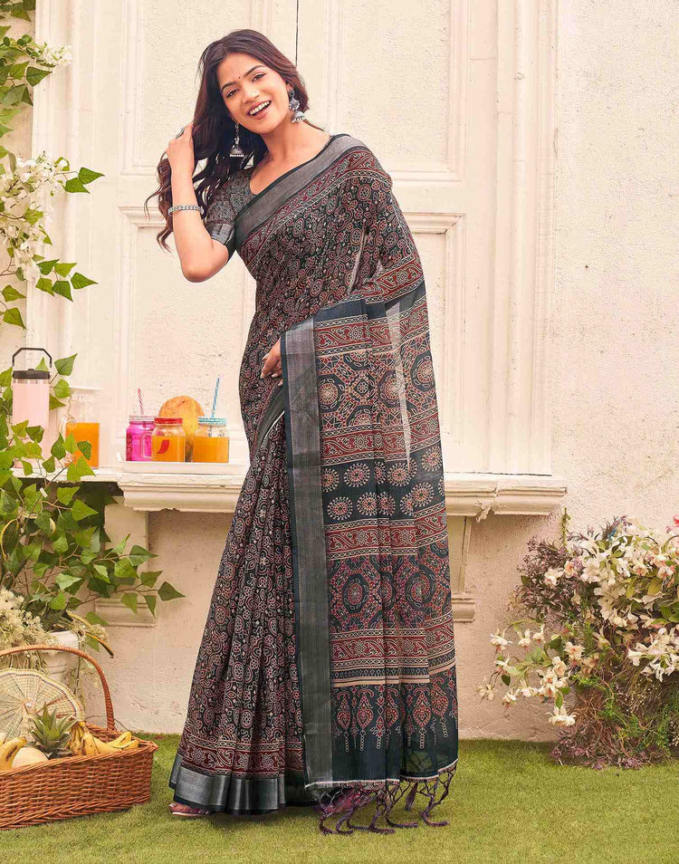 Dark Grey Linen Printed Saree 