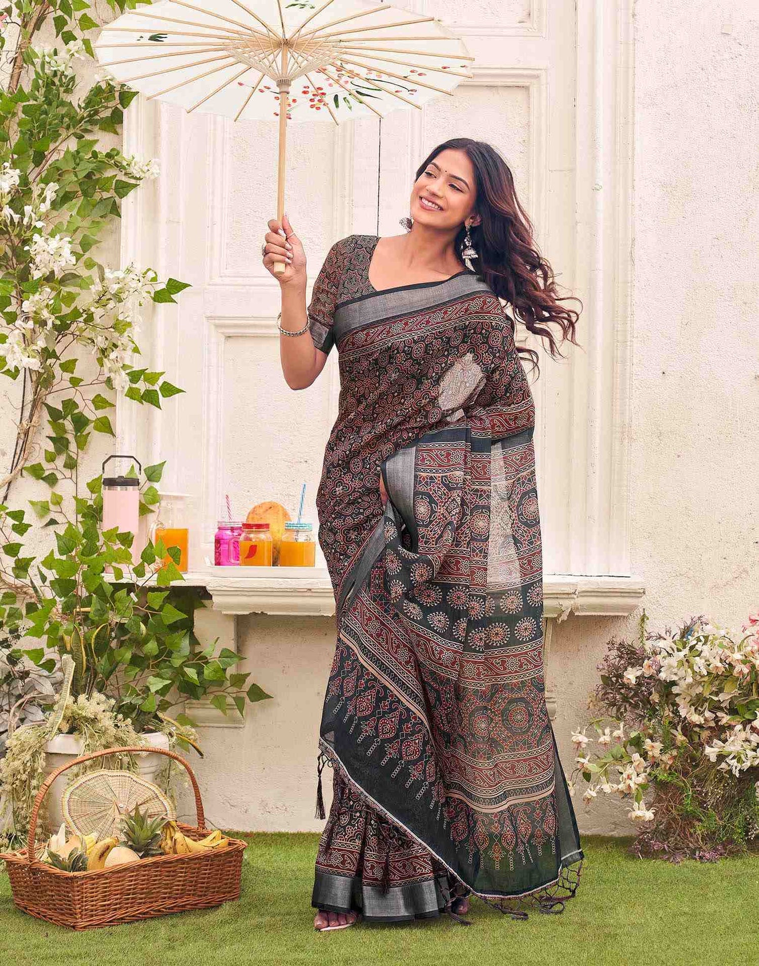 Dark Grey Linen Printed Saree 