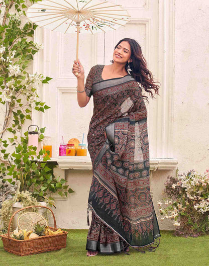 Dark Grey Linen Printed Saree 