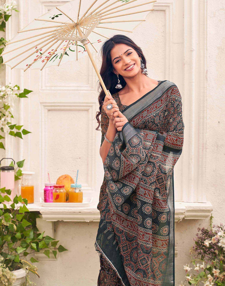 Dark Grey Linen Printed Saree 