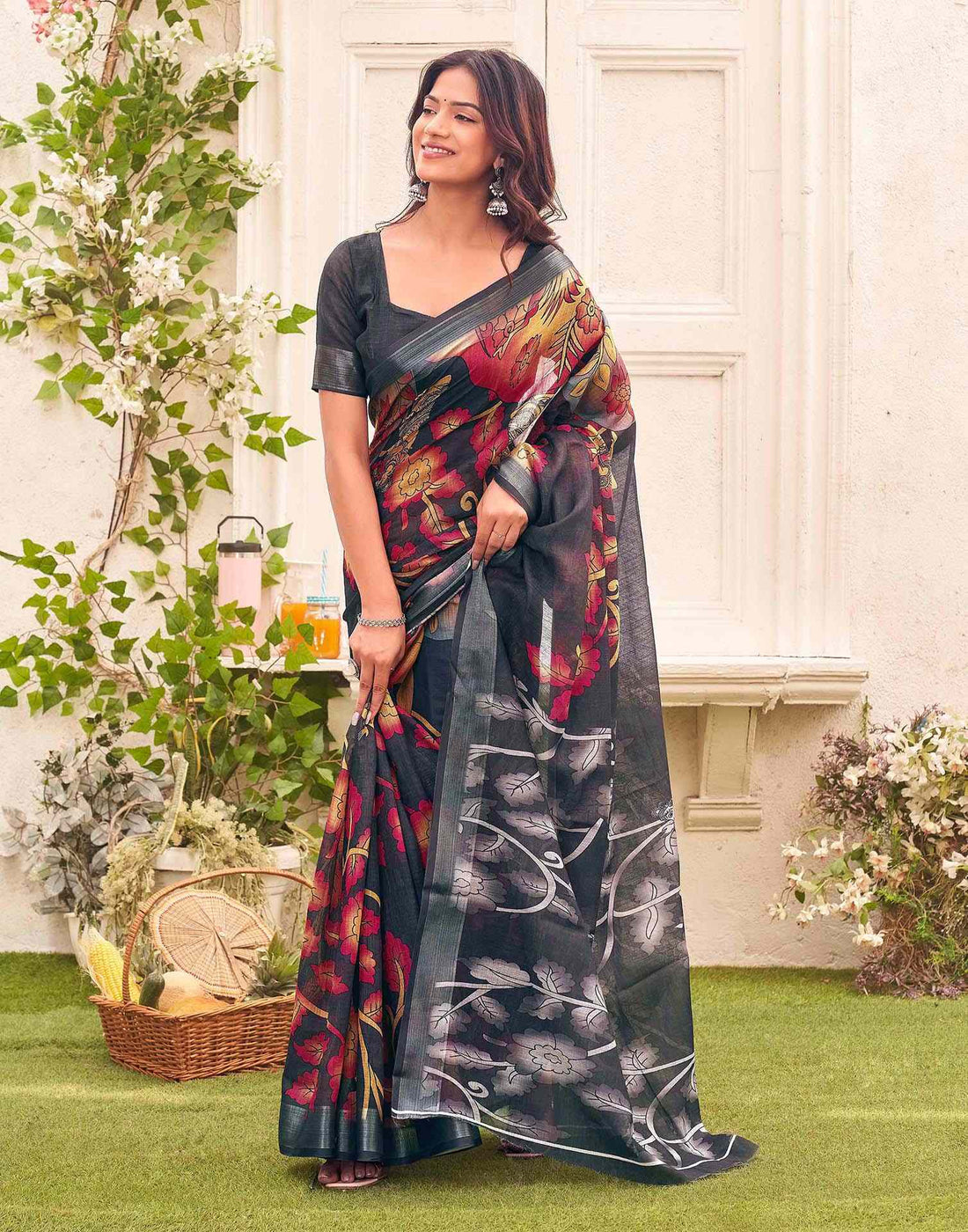 Dark Grey Linen Floral Printed Saree 