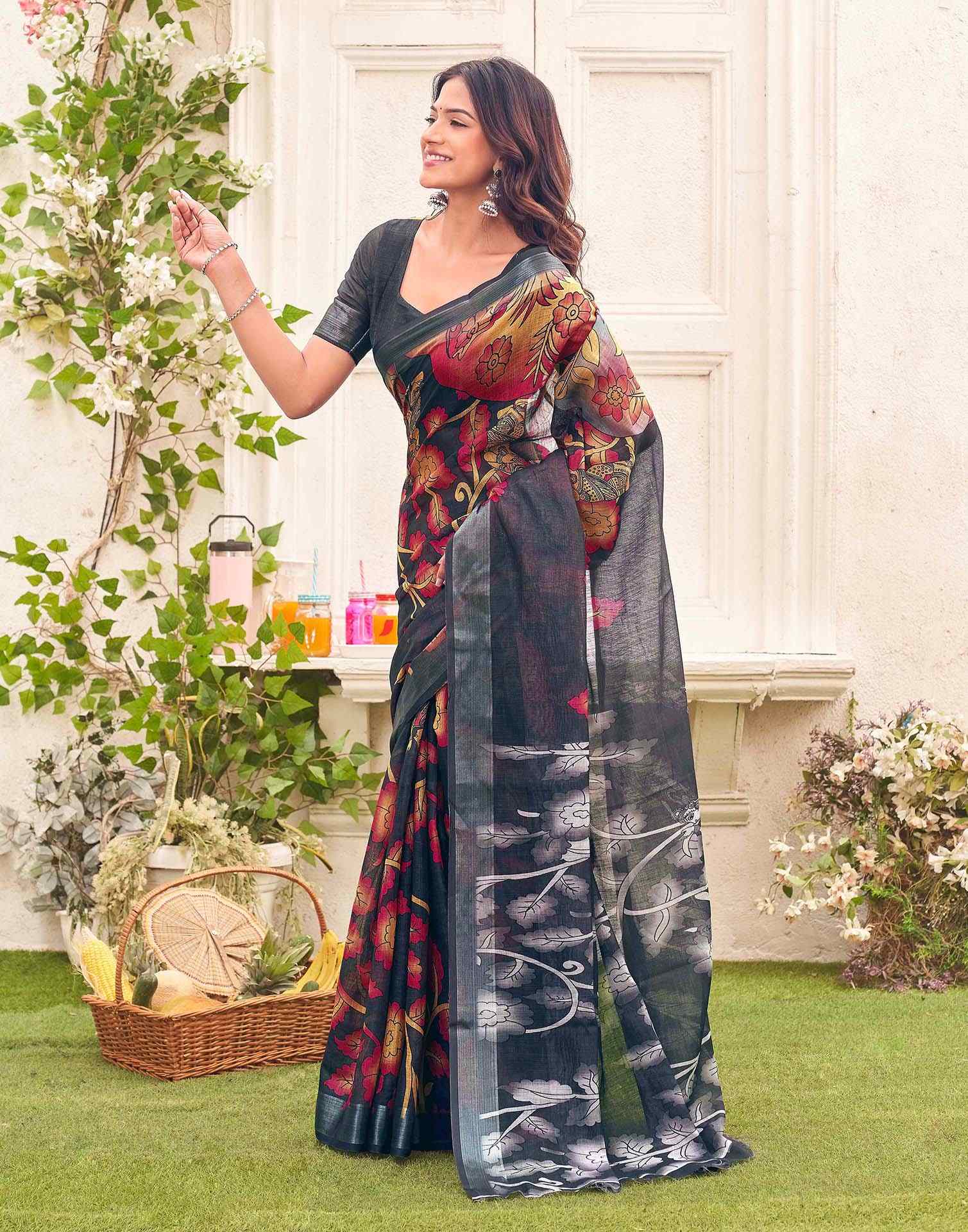Dark Grey Linen Floral Printed Saree 