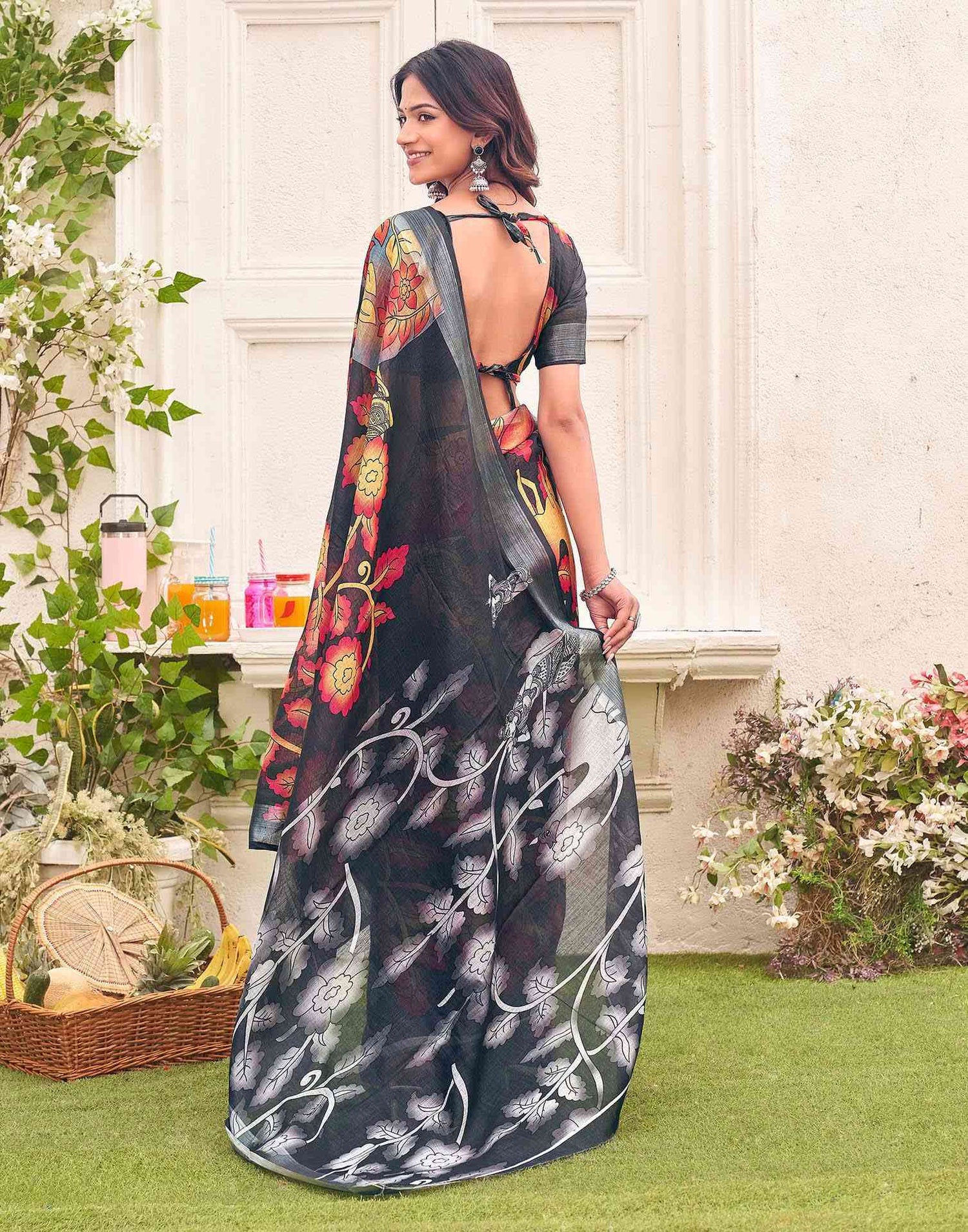 Dark Grey Linen Floral Printed Saree 