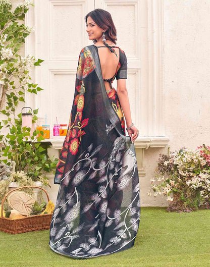 Dark Grey Linen Floral Printed Saree 