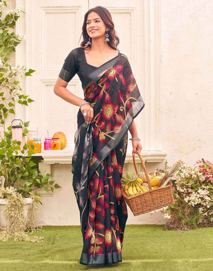 Dark Grey Linen Floral Printed Saree 