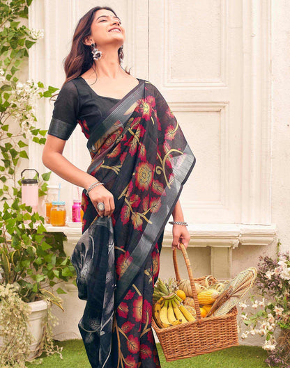 Dark Grey Linen Floral Printed Saree 