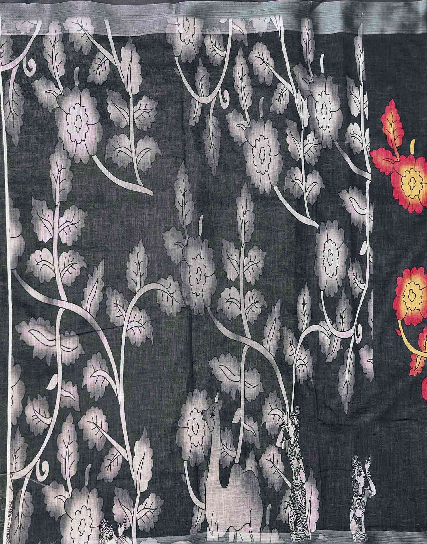 Dark Grey Linen Floral Printed Saree 