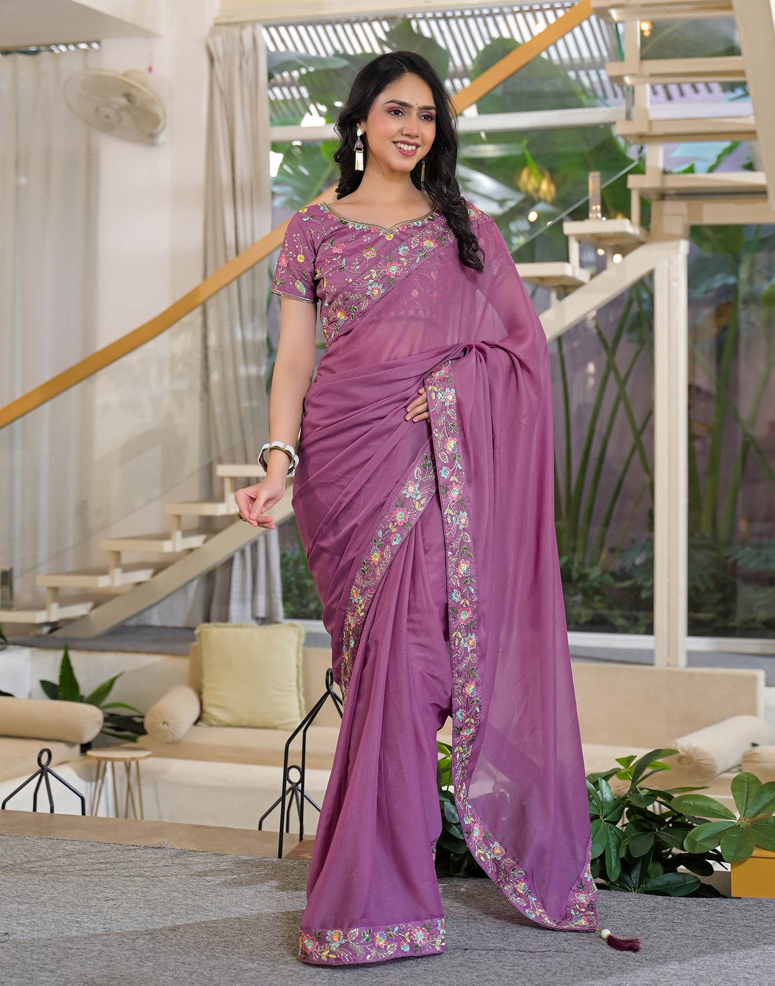 Dark Mauve Shimmer Georgette Embroidery Lace Saree