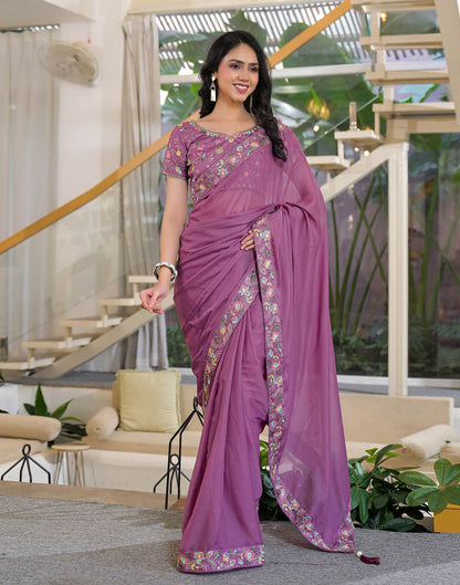 Dark Mauve Shimmer Georgette Embroidery Lace Saree