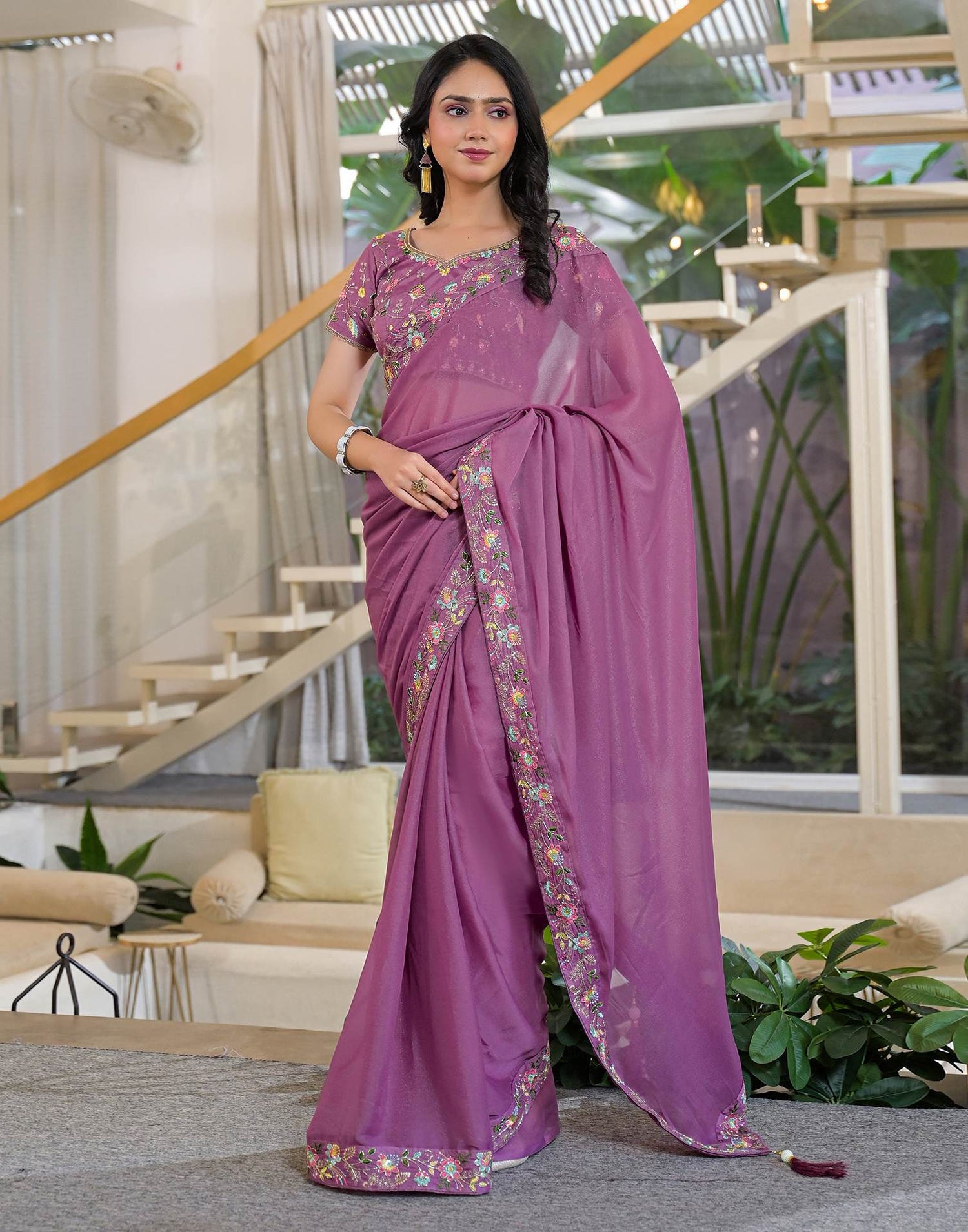 Dark Mauve Shimmer Georgette Embroidery Lace Saree