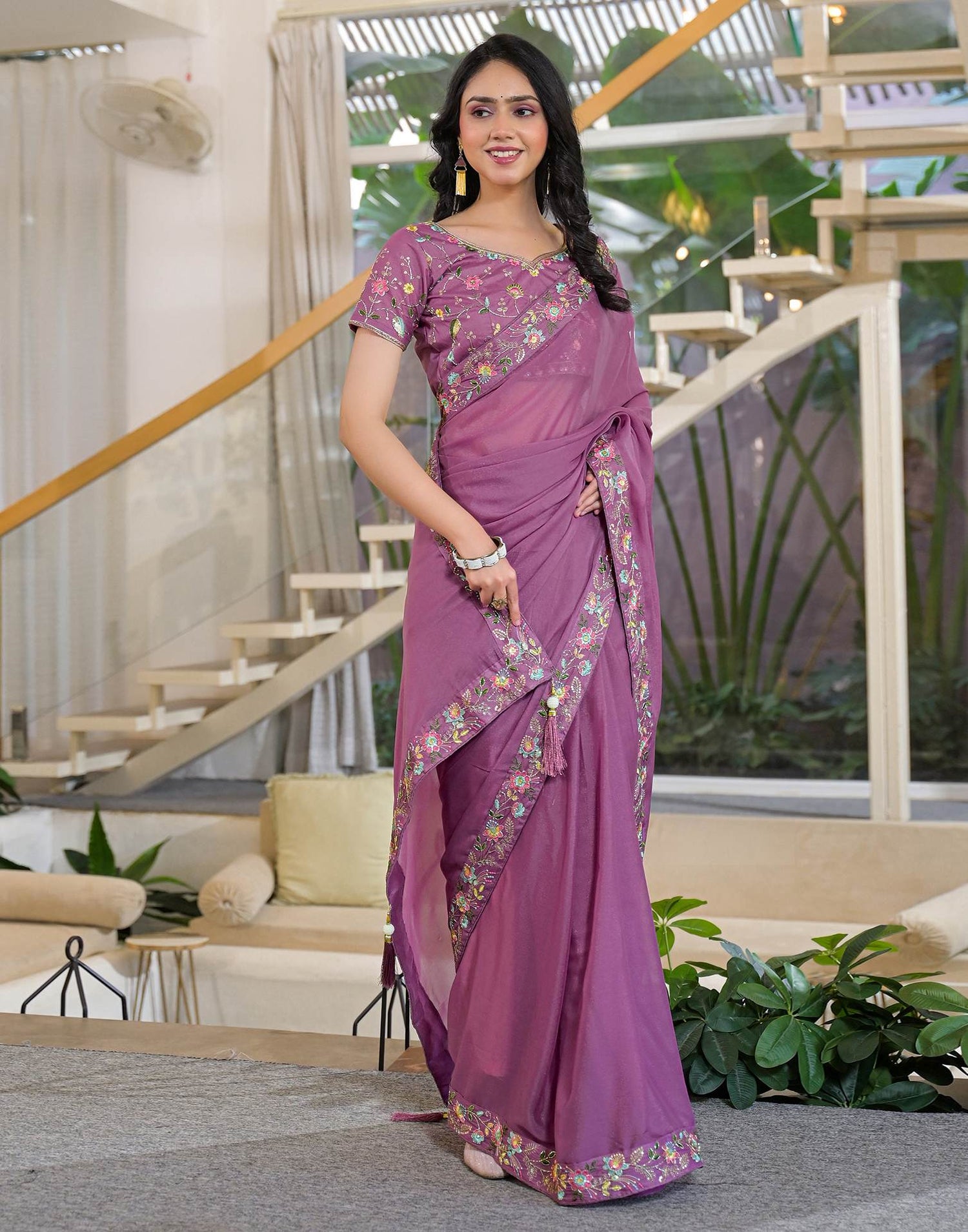Dark Mauve Shimmer Georgette Embroidery Lace Saree
