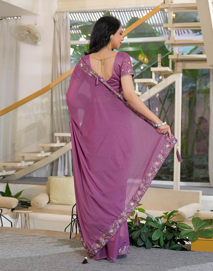 Dark Mauve Shimmer Georgette Embroidery Lace Saree